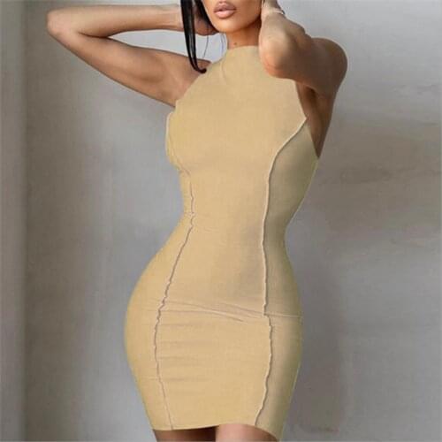 DSMTRC Women Skinny Elastic Elegant O Neck Sleeveless Party Clubwear Bodycon Mini Dresses Summer Ribbed Knitting Slim Dress
