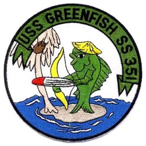 High Quality USS GREENFISH Emblem Made by Twill with Merrow Border and PVC Backing 100pcs/Plastic Bag MOQ50pcs Free Shipping