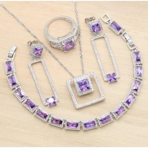Purple Cubic Zircon Geometric Silver Color Wedding Jewelry Sets For Women Birthday Long Earrings Pendant Necklace Bracelet Ring