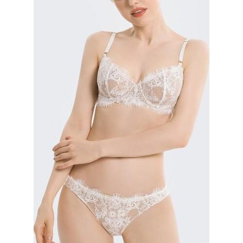 French Full Lace Lash Translucent Women Sexy Underwear Ultra Thin Bra Pants Set With Underwire Push Up lingerie Suit White Black