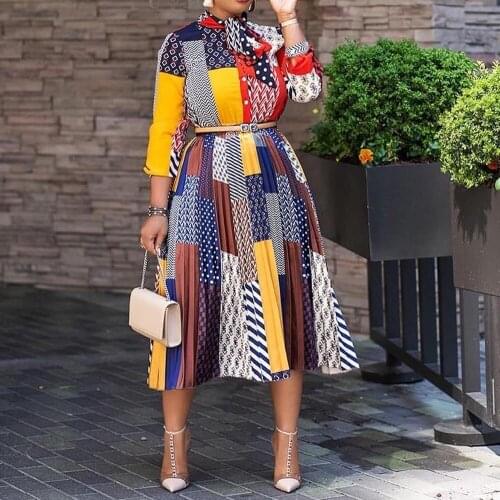 African Dresses For Women Fashion New Africa Printed Long Sleeve High Waist Pleated Mid Calf Elegant Evening Night Party Vestido