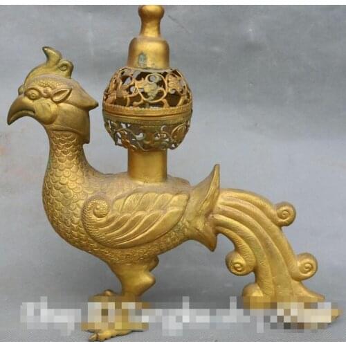 9" Rare Bronze Gold Gilt Phoenix Animal Incense Burner Censer Incensory Statue