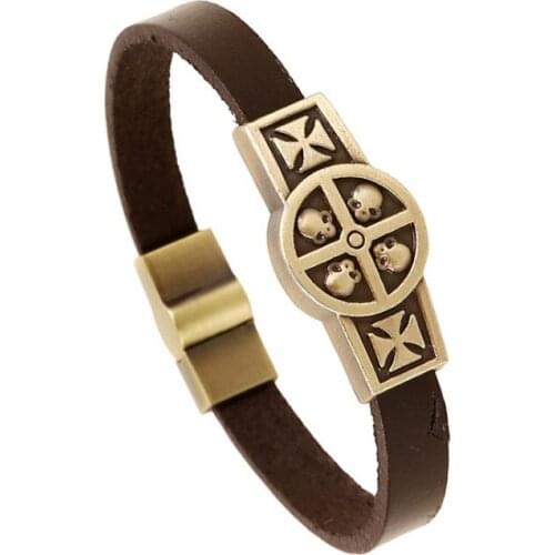 Punk Rock Fashion Men Genuine Leather Bracelet Cuff Retro Cross Skull Charm Wristbands Magnetic Wrap Bangle Women Hiphop Jewelry