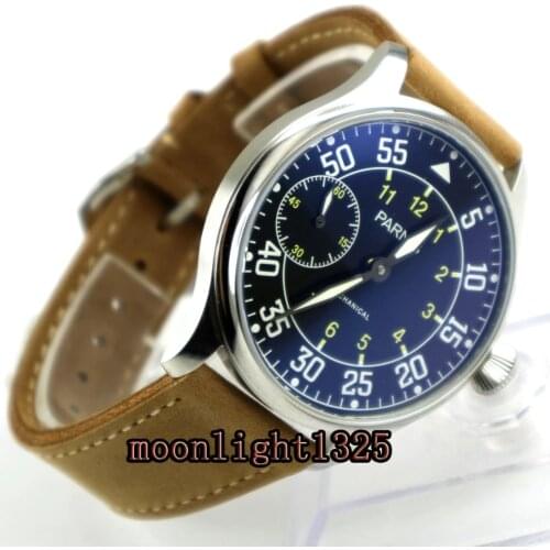 New arrive 44mm parnis black dial super luminous ST3600 Stainless Steel Case hand winding 6497 mechanical mens watch