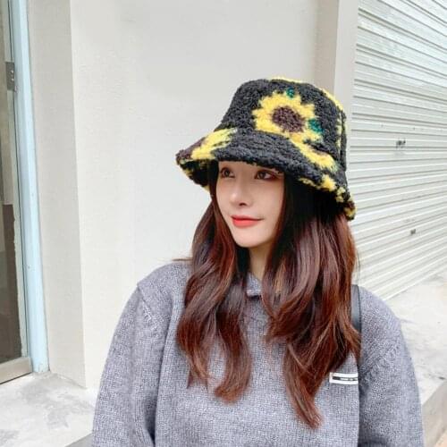 New Floral Printed Lamb Plush Fisherman Hat Wild Ear Bucket Warm Hat Hat Panama Outdoor Lady Hat Sun Protection Sunscreen Q6G1