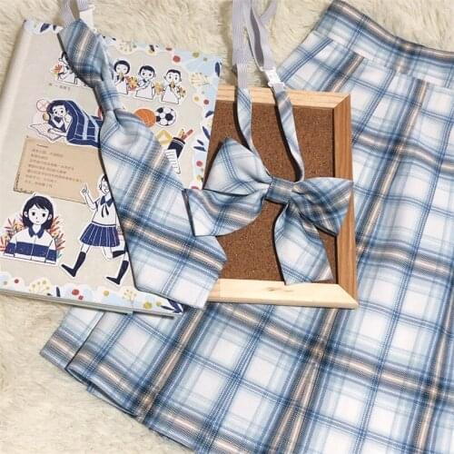 Springs Sound Original Design Water Blue Plaid Checks Pleated Skirt Good Quality Sharp Pleats Preppy Style & Necktie/Neckbow