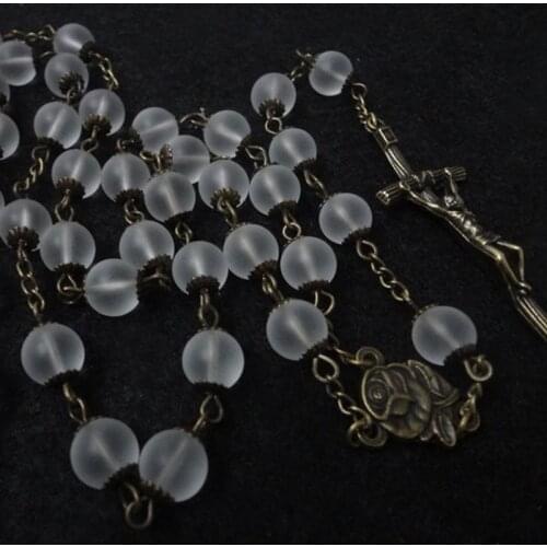 QIGO Transparent Glass Beads Cross Rosary Necklace For Women Men Catholic Strand Jewelry