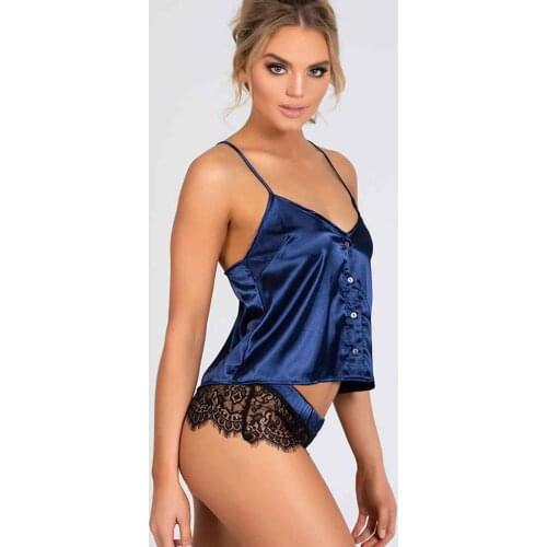 Merry See Ruched Satin Shorts Pajamas Suit Navy Blue