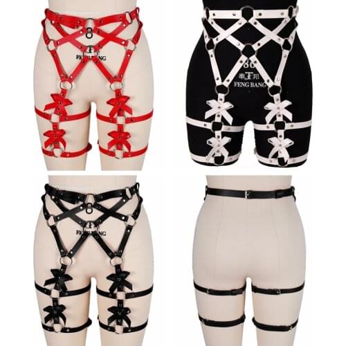 Punk Bowknot Garter Belt For Stockings Goth Womens Leather Sexy Leg Ring Suspenders Thigh Straps Bdsm Bodysuit Nightclub Wear