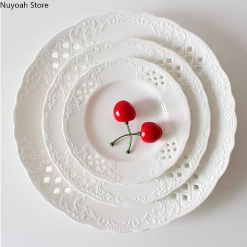 Embossed Bone China Dishes European-style Hollow Creative Dishes Ceramic Tableware Western Dishes Salad Dishes Steak Dishes