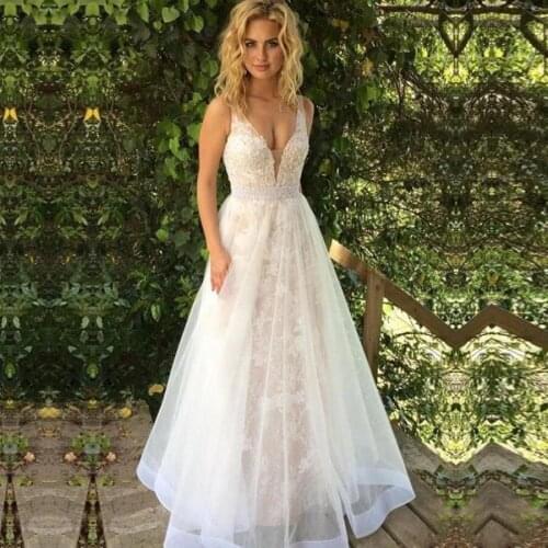 Sexy V Neck Wedding Dresses Floor Length Lace Applique Open Back Sleeveless A Line Backless Bridal Dress Vestido De Noiva