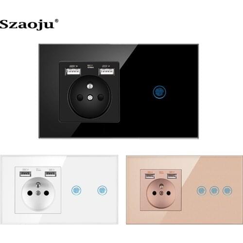 Szouju EU Touch Switch With USB Socket Combination Sensor Button France Plug Tempered Crystal Glass Wall Panel Light Switch 16A