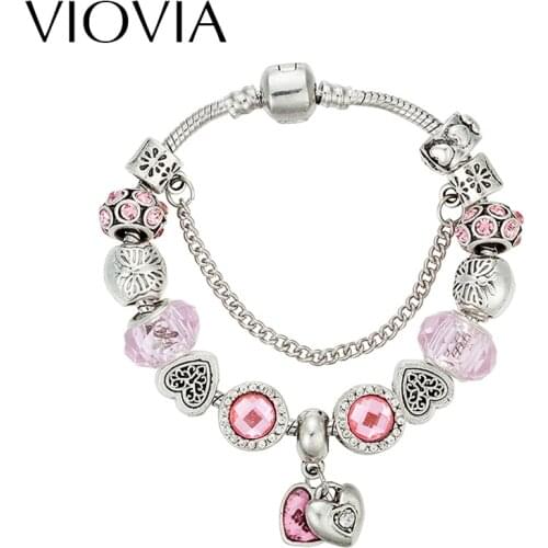 VIOVIA European Style Authentic Tibetan Silver Pink Crystal Charm Bracelets for Women Original DIY Beads Jewelry Gift B16142