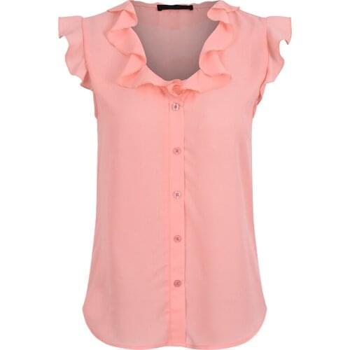 Solid Color Casual Sleeveless Blouse Ladies OL Shirt Tops Summer V Neck Ruffle Sleeve Button Shirt for Women Blouse Tops New D30