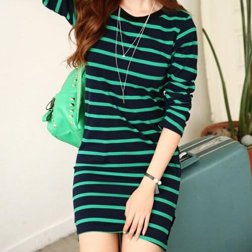 Autumn winter new long striped cotton long T shirt long-sleeved womens round neck Tops & Tees