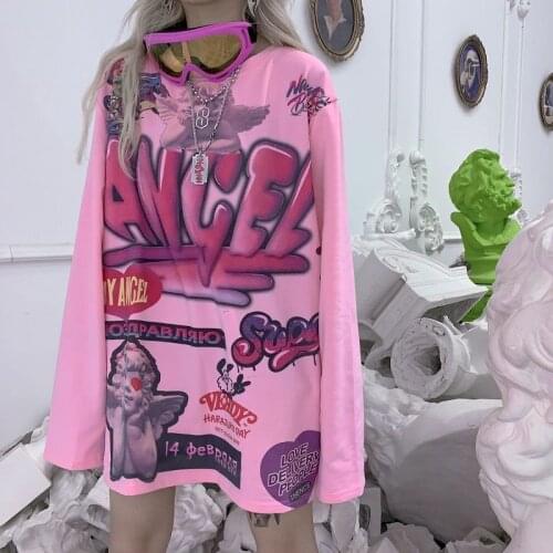 Womens Long-sleeved T-shirt Korean Harajuku Style Retro Loose Cartoon Graffiti Printing Students Graphic Tee Oversized T Shirt