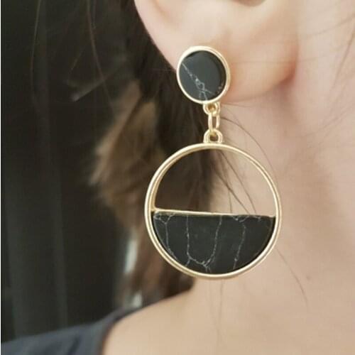Trendytime New Fashion Simple Geometric Circular Marble Long Earrings For Women Statement Jewelry Girls Gift