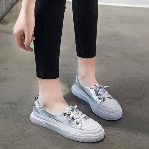 Top Quality Silver Shoes Women Korean Flat Shoes Leather Shallow Mouth Breathable Casual Sneaker Spring Autumn Style