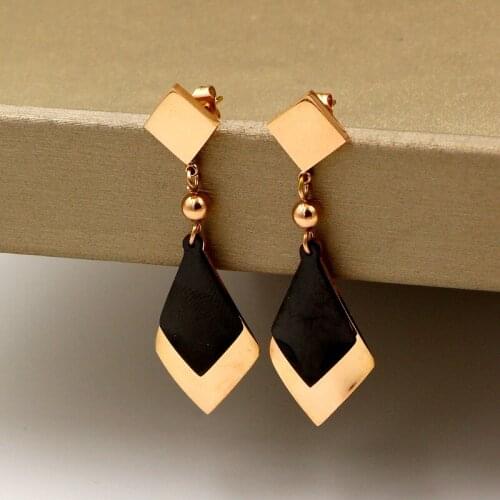 Fashion Stainless Steel Black Love Hollow Geometric Rhombus Drop Earrings Rose Gold Color Women Party Wedding Gift