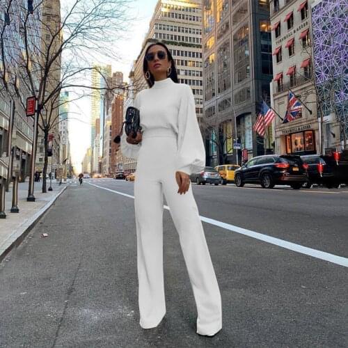 Fashion Female Office Lady Jumpsuit Solid Color High Collar Long Sleeve Backless Wide Leg Romper for Spring Fall