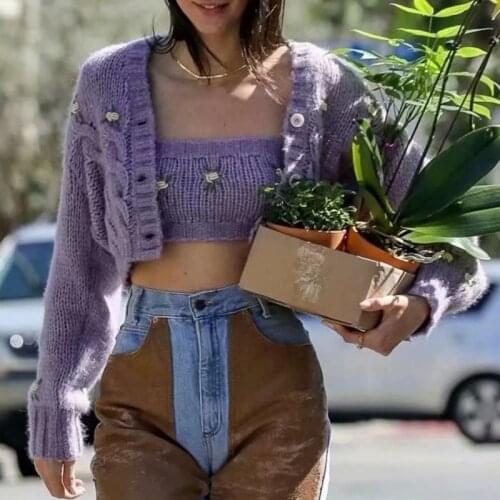 Foridol flower embriodery purple cropped cardigan sets women vintage knitted oversized autumn winter mohair sweater cardigan