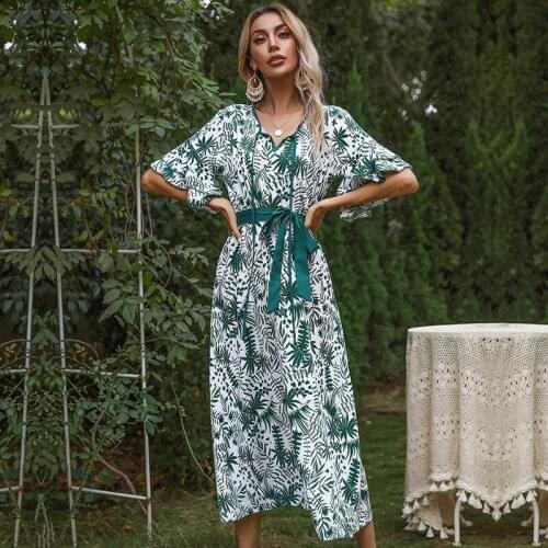 Womens Long Dress Summer Flower Print Boho Maxi Dress Casual Sexy Party Dress Ladies Bohemian Beach Holiday Sundress Robe Femme