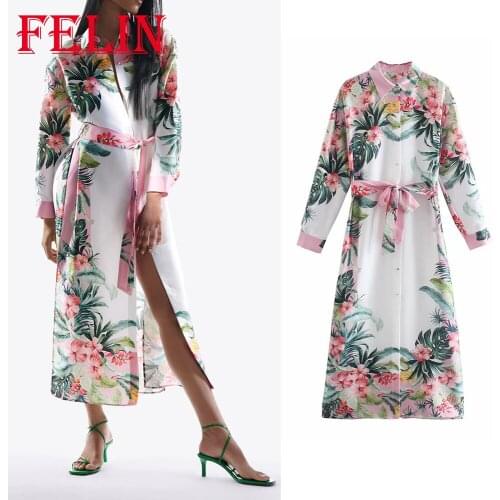 FELIN Za 2021 Stylish Floral Print Boho Maxi Shirt Dress Women Bow Sashes Front Split Sexy Vintage Dress Long Sleeve Vestidos