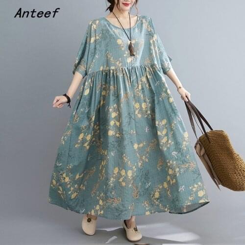 Short sleeve cotton vintage floral animal print dresses for women casual loose long woman summer dress elegant clothes 2021