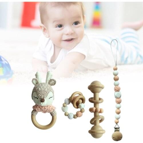 2Pcs Baby Pacifier Clip Chain Teething Bracelet Crochet Elk Soother Toy Infants Rattle Teether Newborn Dummy Holder Shower Gifts