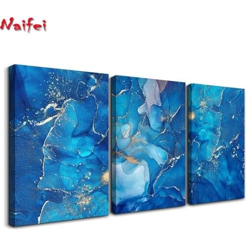5D Diamond Painting 3 pieces of Blue Abstract wave Golden Line Picture Home Decoration Full Drill Embroidery Handicraft Art Kits