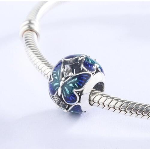 925 Sterling Silver Blue Round Bead CZ Zircon Butterfly Pendant Charm Bracelet DIY Jewelry Making For Original Pandora