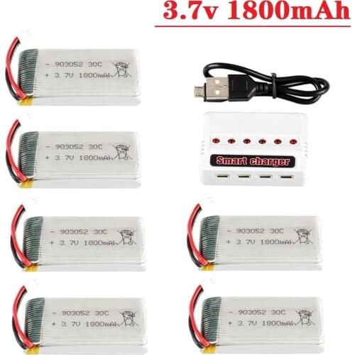 6Pcs 3.7v 1800mAh lipo Battery with Charger for KY601S SYMA X5 X5S X5C X5SC X5SH X5SW M18 H5P for 3.7V Helicopter Drone Battery