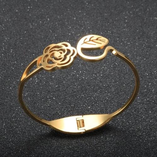 Hollow Rose Flower Opening Bangle Engraved Leaf Shape Bracelet For Women Fashion Wedding Jewelry Gift
