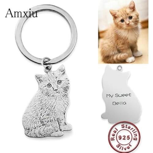 Amxiu Custom Pets Photo Key Chain Dog Cat Picture Pendant 925 Sterling Silver KeyChains Engraved Names Keychain For Men Jewelry