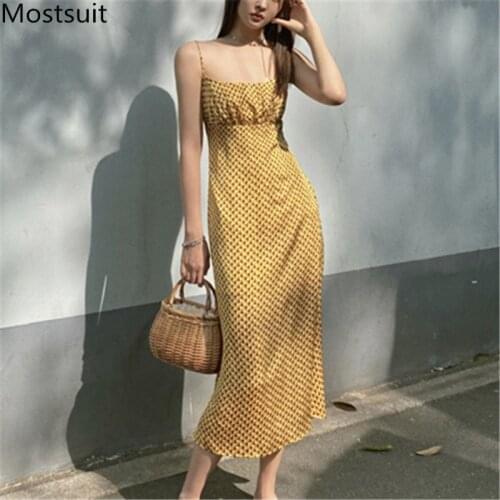 Yellow Houndstooth Printed Women Dress 2021 Summer Sleeveless Spaghetti Strap Long Dresses Sexy Elegant Ladies Vestidos Femme