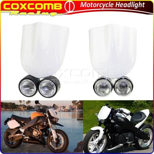 For Kawasaki Dirt Bikes Buell XT250X CRF250 XB12S Motorcycle Dominator Buell Style Headlight H4 Twin Head Lamp w/ Windscreen