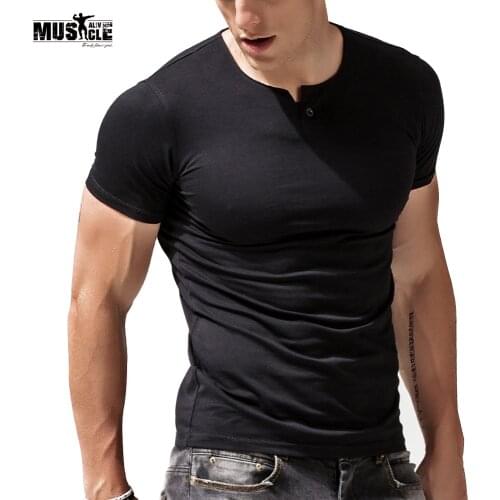 MUSCLE ALIVE Mens Workout T-shirts Bodybuilding Fitness Tee Casual Cotton Short Sleeve Black Blue Brand Clothing Single Button