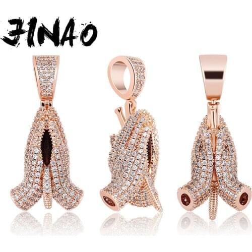 JINAO Hip Hop Praying Hand Pendant Necklace Bling Bling Fashion Charm Jewelry Iced Out Cubic Zirconia Gift For Men Women