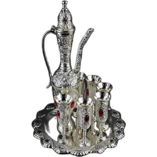 Collectible Miao Silver Carve Flower Inlay Bead Noble Teapot Plate Cup