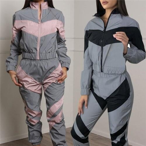 Reflective two piece set women tracksuit autumn clothes zipper jacket crop top and pants sets casual sweat suits chandal mujer
