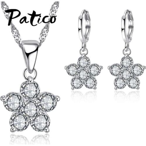 Trendy Cubic Zirconia Flower Jewelry Sets 925 Sterling Sliver Necklace Pendant Hoop Earrings for Women Wedding