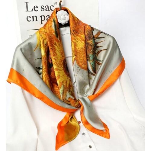 Fashion Square Scarf Women Oil Painting Sunflower Print Bandana Foulard Femme Luxury Soft Hijab Scarves 90*90cm