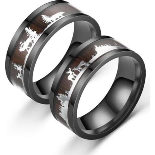 Mens Black Tungsten Ring Hunting Ring Wedding Band Wood Inlay Deer Stag Silhouette Ring