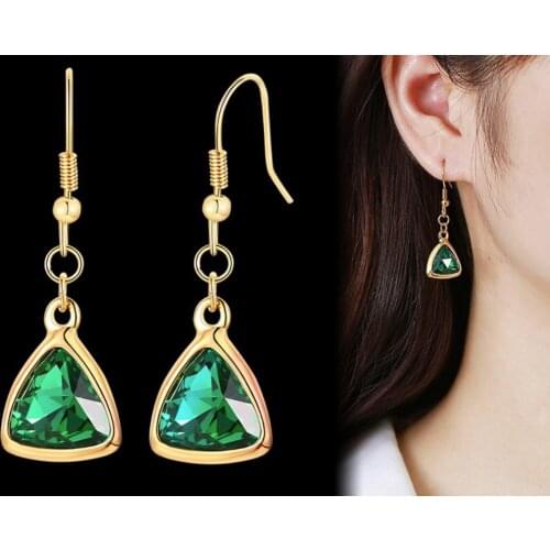Stainless Steel Triangle Emerald Green Crystals Glass Dangle Earrings Gold Ladies Long Earrings Suitable for Daily Wear