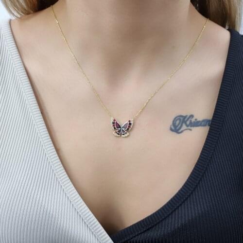 Enamel 2 Piece Butterfly 925 Sterling Silver, Gold, Rose Plated Necklace For Women Girls Handmade Jewelry Elegant Minimalist