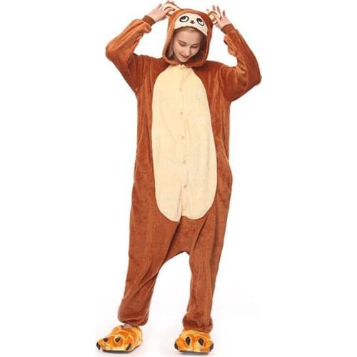 Brown Monkey Adults Pajamas Winter Women Flannel Sleepwear Unisex Cute Cartoon Animal Pajama Set Kids Hooded Pyjamas Sleepwear