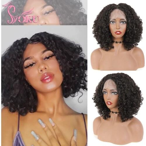 SOKU Curly Bob Short Wigs 12 Inches Synthetic Lace Front Wig For Black Women Middle Part Lace Wig With Pre Plucked Baby Hair