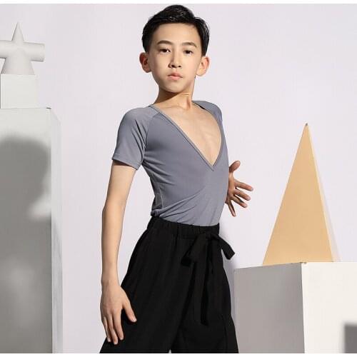 Hot Selling Latin Dance Boys Summer Dance Tops Short Sleeve Black Practice Dance Costumes Kids Performance Latin Dancewear G5055