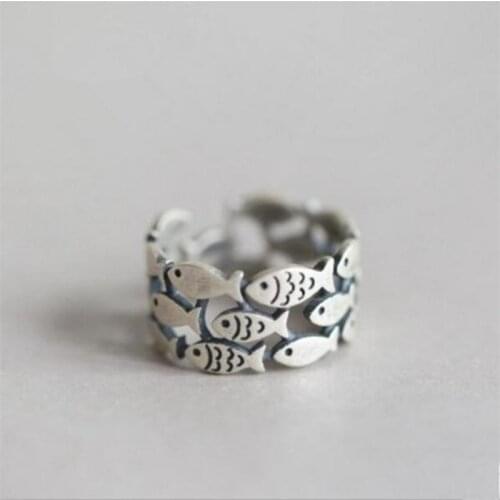 Vintage 925 Sterling Silver Fashion Personality Retro Lovely Small Fish Adjustable Size Open Ring for Women Girls Party SR004