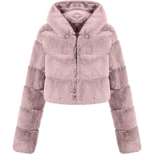 High Quality Furry Cropped Faux Fur Coats and Jackets Women Fluffy Top Coat with Hooded Winter Fur Jacket manteau femme